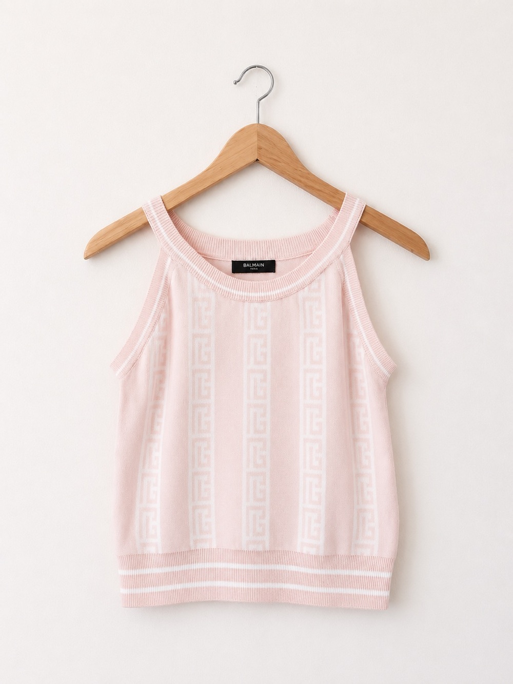 Balmain Paris PB Monogram Knit Tank Top Size S Pink White Cotton